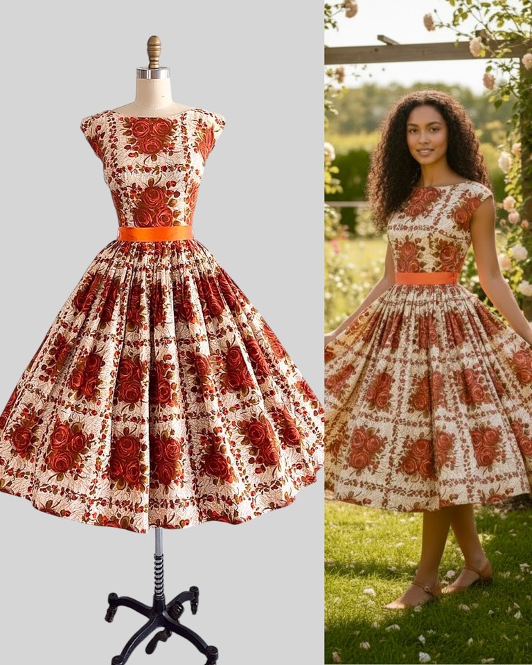 A genuine 1950s–60s rose-print cotton sundress with full pinup silhouette — a wearable piece of mid-century history.