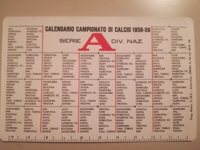 CALENDAR football championship series A 1958-1959 la peacocks coffee calendarietto