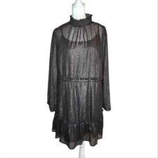 NEW Loft Tiered Swing Dress High Neck Semi Sheer Metallic Size Small