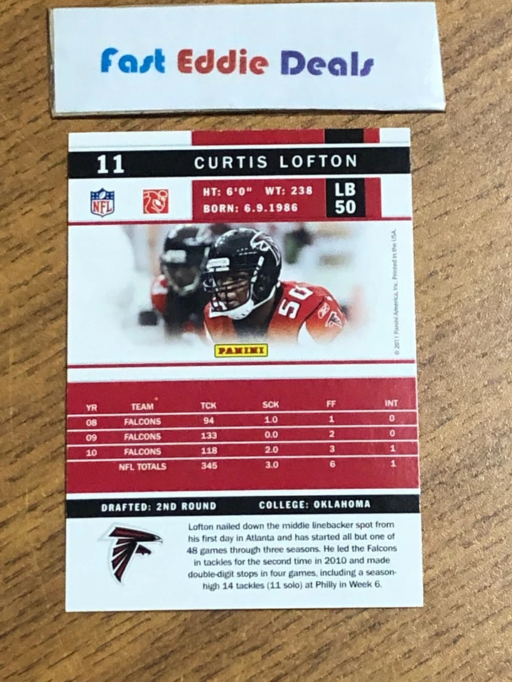 SCORE NFL FOOTBALL 2011 CURTIS LOFTON CARD 11 ATLANTA FALCONS EXCELLENT - Image 2 of 2