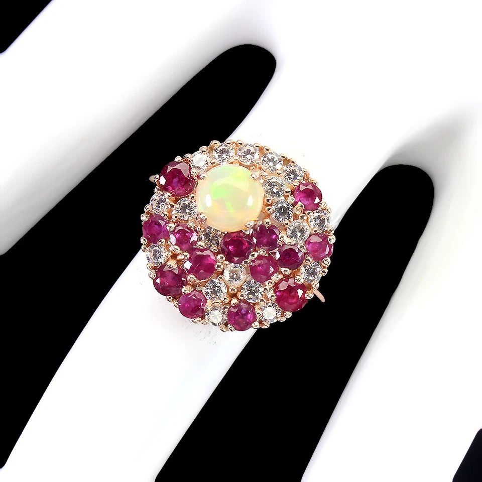 925 Anello Argento Sterling Rotondo Fuoco Opale Rubino Naturale Gemma Misura 7 - Immagine 3 di 4