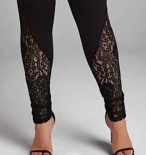 Leggings elásticas femininas plus size de malha preta com infusão de renda 0XL 1XL 2XL 3XL 4XL 5XL - Imagem 2 de 4