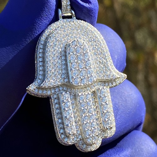 Real 925 Sterling Silver Hamsa Hand Fatima Pendant Iced CZ 3D Amulet Charm - Picture 9 of 12
