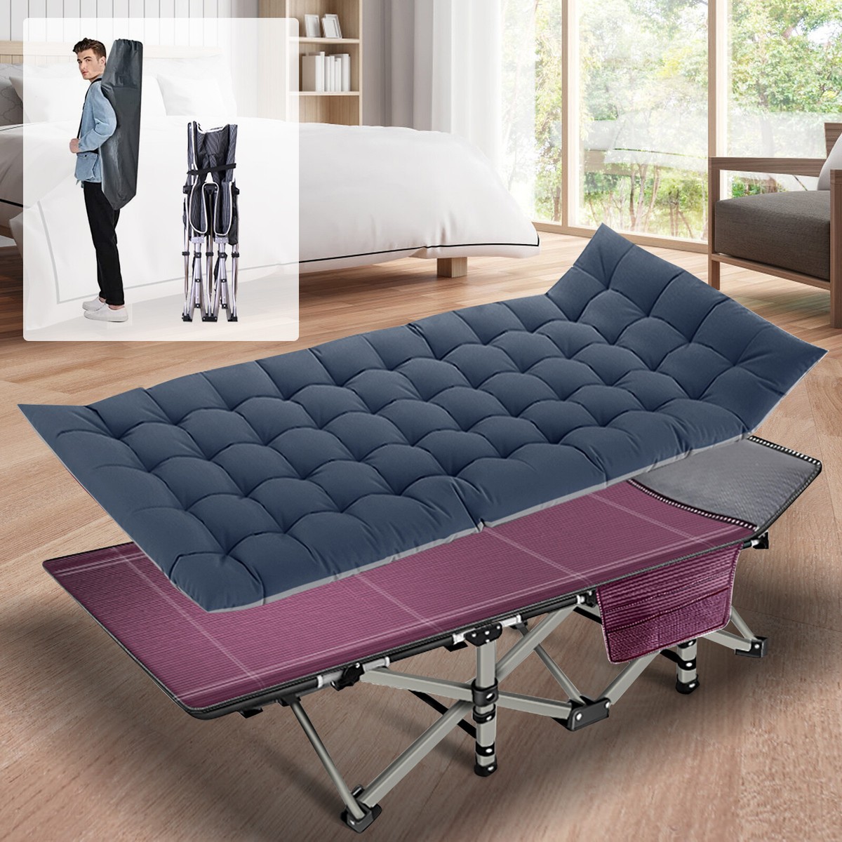 SLSY Folding Camping Cot Bed Cot 2-Layer Blue Gray Mattress Outdoor  Sleeping Bed