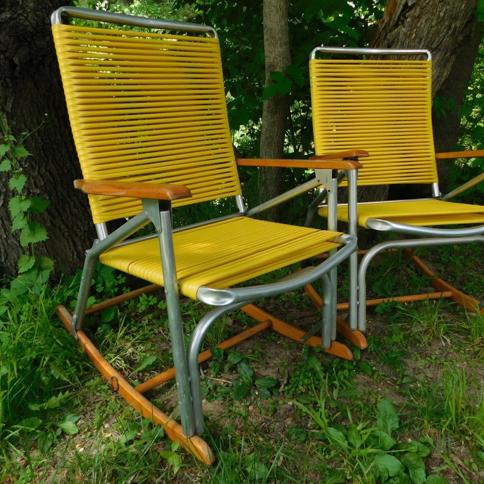 Pair of Telescope Vinyl Tubing Aluminum Wood Arms Lawn Rocking Rocker Chairs VTG - Image 3 of 4