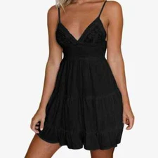 Romwe Black Lace Open Back Tie Ruffle Hem Dress Dress Small