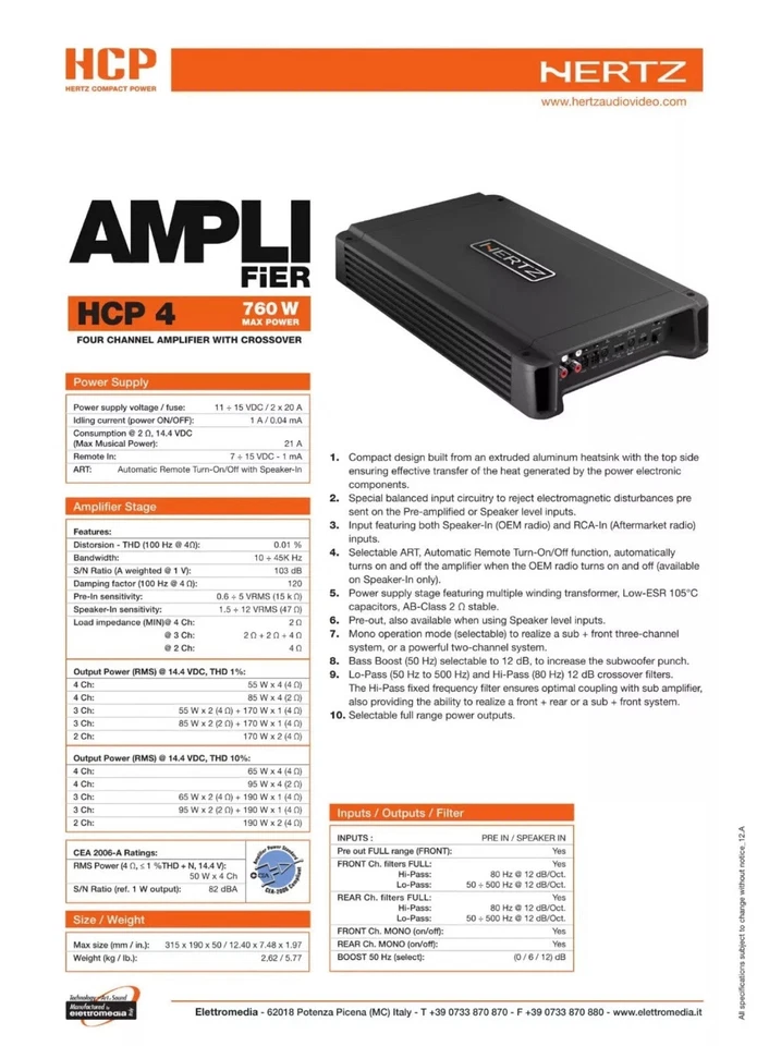 HCP4 Amplificatore Hertz 4 Canali HCP4 760W con Crossover - Immagine 4 di 4