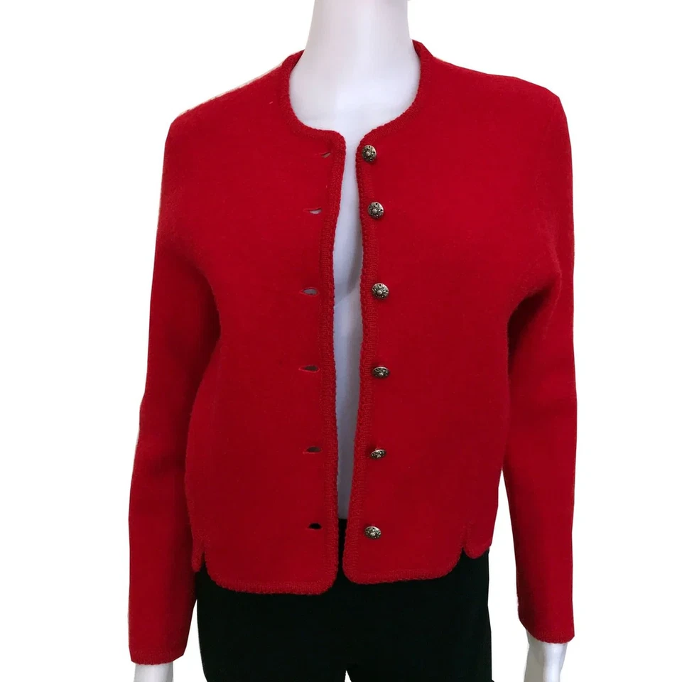 Vintage 1980s Red Wool Jacket With Scalloped Trim S Long Sleeves Silver Buttons - Image 4 of 4