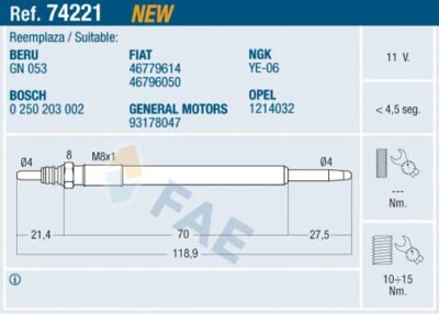FAE 74221 Glow Plug for ALFA ROMEO,FIAT,FORD,LANCIA,OPEL,SUZUKI,VAUXHALL