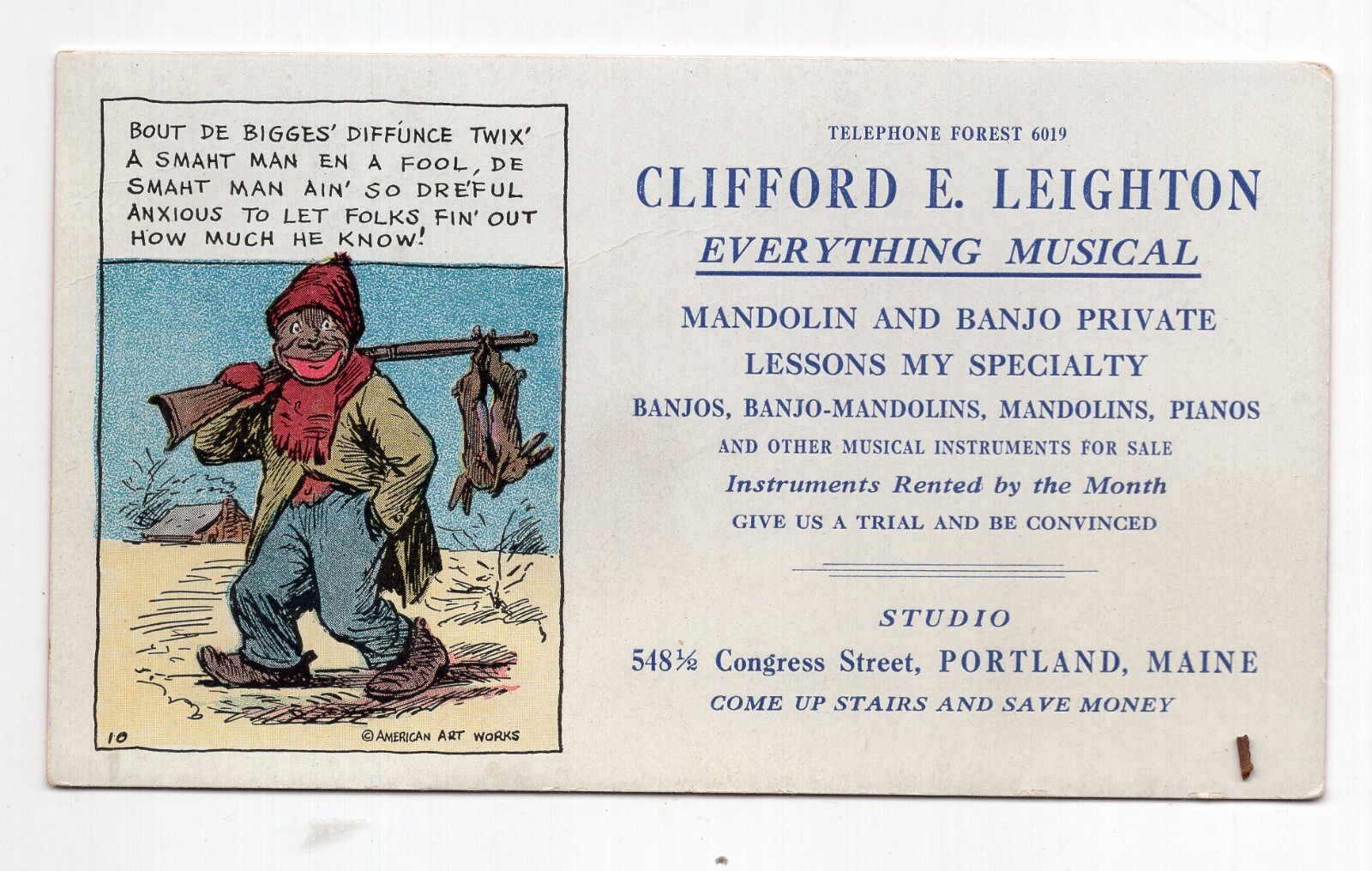 Vintage Advertising Blotter Mandolin & Banjo Lessons, Portland, Maine