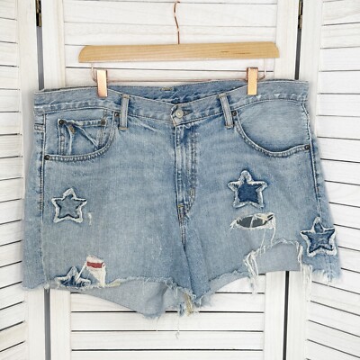 Polo Ralph Lauren Crosby Jean Shorts Women 32 Blue Distressed Star Patch Flag US