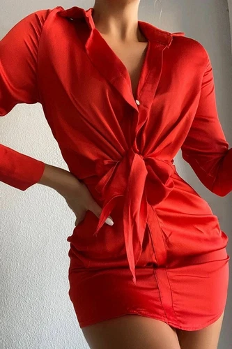 Vestido de satén de seda con cuello en V para mujer manga larga coleccionar cintura nudo lazo mini vestidos - Imagen 9 de 40