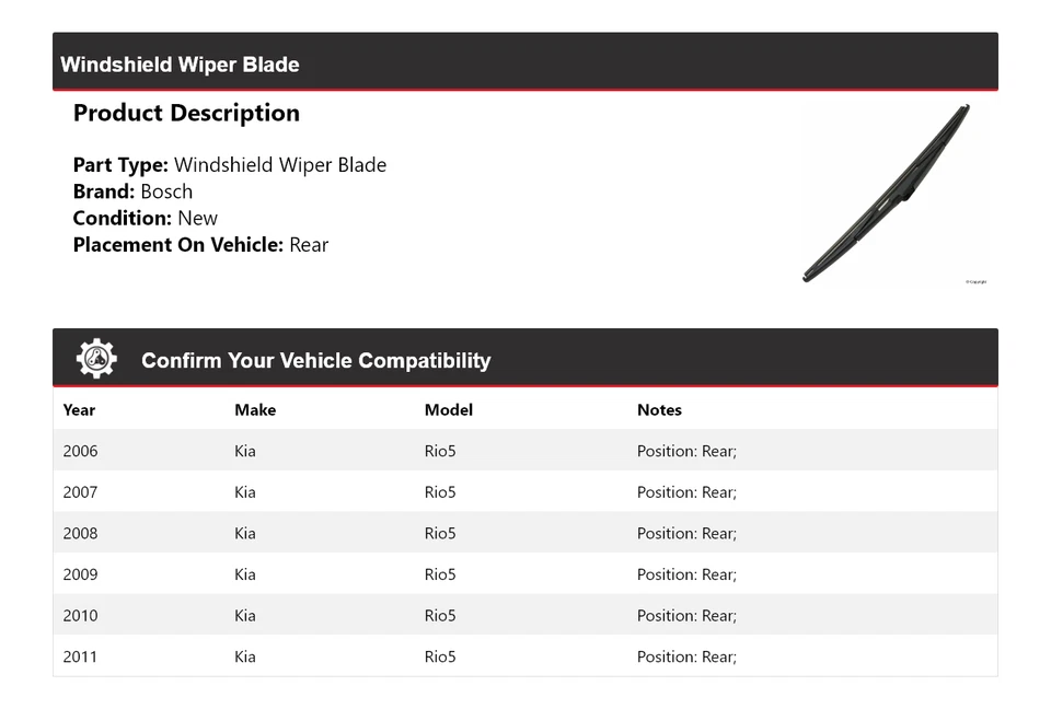 Limpiaparabrisas trasero para Kia Rio5 Bosch 2006-2011 2007 2008 2009 2010 Foto 2 de 4