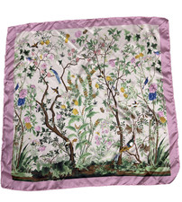 Vintage 60s / 70s Romantic Pink  Green floral scarf w/ birds  woods theme