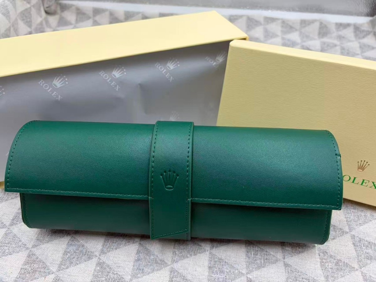 Rolex Luxury Green Leather Watch Roll Travel Case 3 Slot Storage