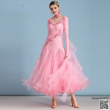 Women Dance Dress Waltz Classic Ballroom Dancewear Embroidery Ruffle Mesh Swing