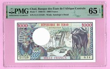 CHAD 1000 FRANCS 1980 PICK 7 PMG 65 GEM UNC EPQ (TK 19 402)