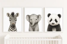 Baby Room Animal Kids Cute Children Set of 3 Poster Print Framed Canvas Art