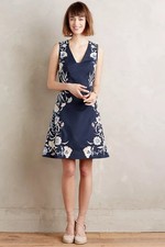 Anthropologie Moulinette Soeurs Navy Blue Floral Embroidered Bellflower Dress 0