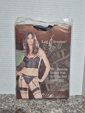 Leg Avenue 81033 SIZE SMALL 3 Pc. Pinstripe Bustier G String Garter Belt BLACK