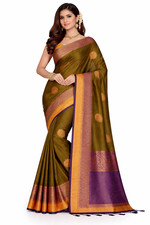 Mehendi Green Kanchipuram Silk Saree with Yellow Border Purple-Copper Zari