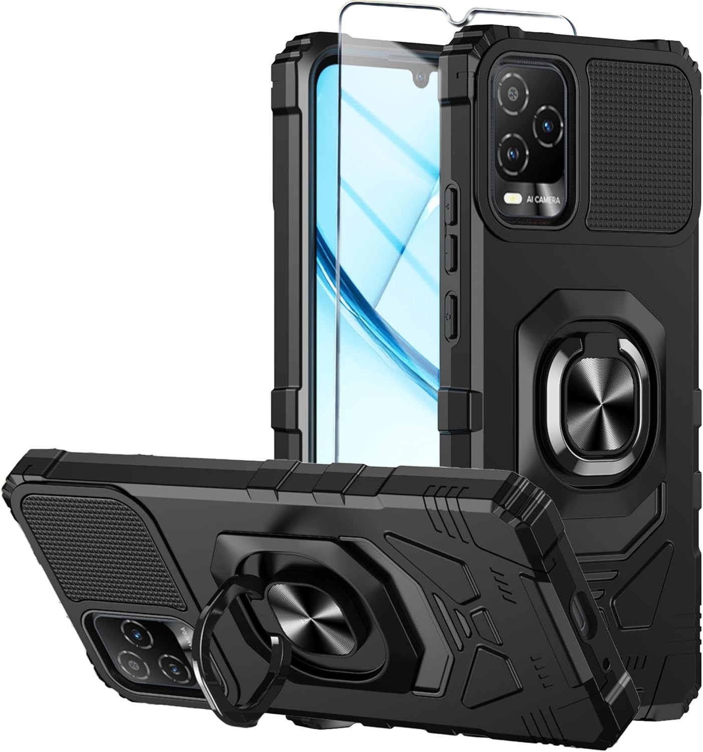 BLU View 5 Pro Phone Case with Tempered Glass Screen Protector and Kickstand (Bl
