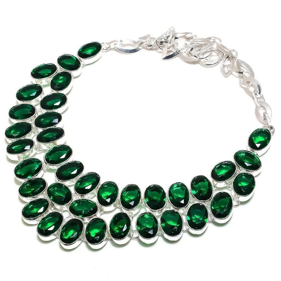 Collar de piedras preciosas de diopsido cromado cadena ajustable forma ovalada gargantilla joyería 18" Foto 3 de 4