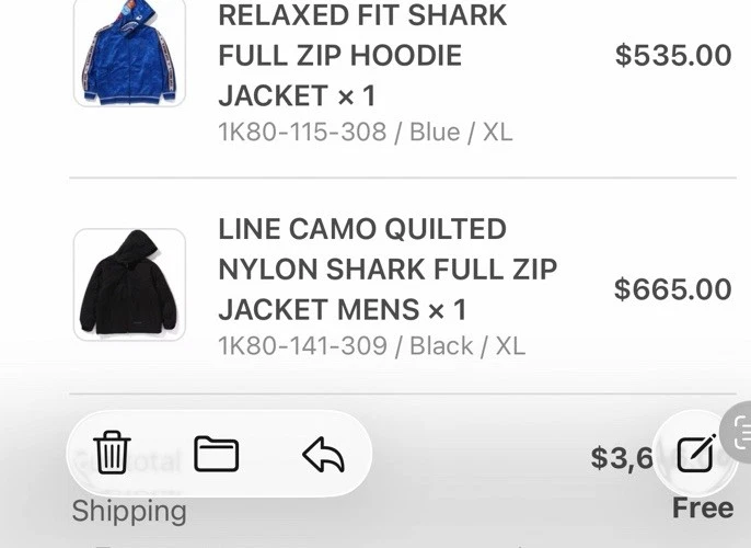 BAPE Line Camo Quilted Nylon Shark Full Zip Jacket Black Men’s XL NEW - product detail image 6