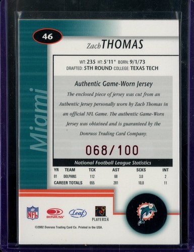 2003 Leaf Certified #68 Zach Thomas Mirror Red Game-Used Patch #'d 68/100 - Picture 2 of 2