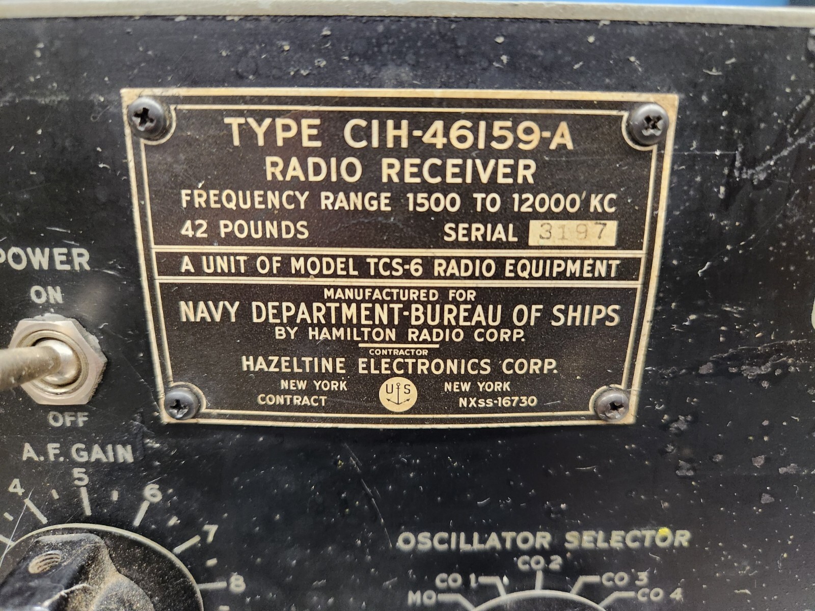 CIH-46159-A,  HAMILTON RADIO CORP,  UNIT OF TCS-6, NAVY RADIO RECIEVER