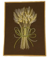 Vtg 70s Framed Handmade Crewel Needlepoint Embroidered Wheat Sheaf 19x25”