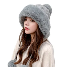 Lady Faux Fur Knitted Bobble Beanie Hat Pom Ball Cossack Ski Snow Cap Furry