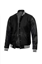 Men's Black Letterman Varsity Jacket With Leather Sleeves  Limited Edition 