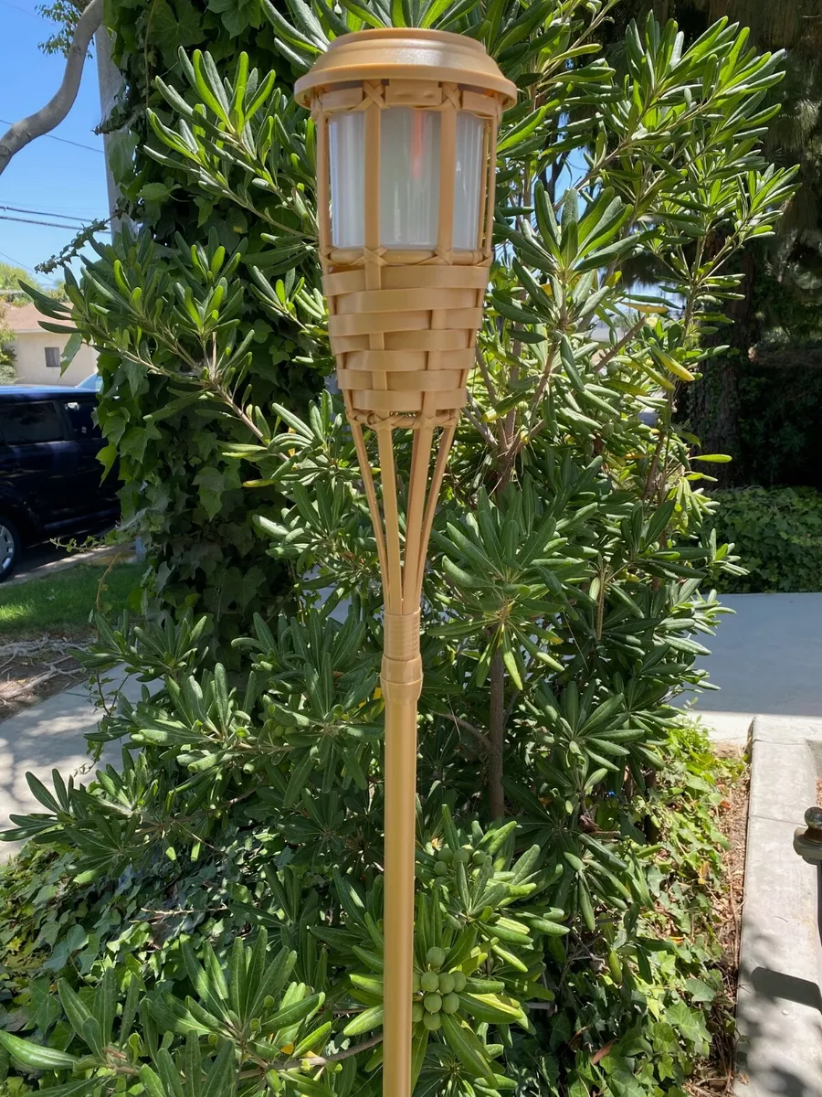 4 Pk 5 LEDs Solar Flickering Amber Bamboo Tiki Torch Landscape Light 62