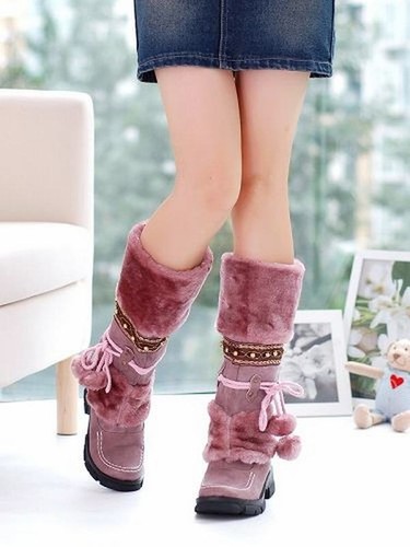 Women Pom-pom Ball Lace Up Faux Fur Pull On Med Heels Square Toe Snow Boho Boots - Picture 9 of 10