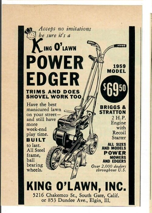 1959 King O'Lawn Vintage Print Ad Power Edger Trims And Does Shovel
