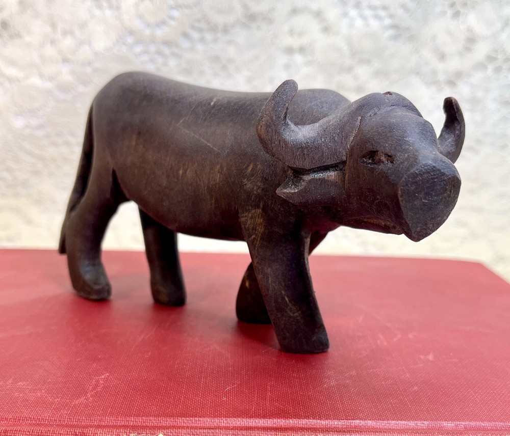 VTG Hand Carved Wooden Water Buffalo Ox Bull Figurine Primitive Folk Art Patina