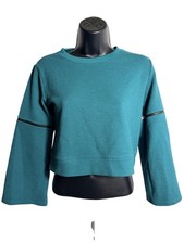 Zella Sweatshirt Girls Medium 8/10 Green Textured Knit Zip Sleeve Crop Pullover