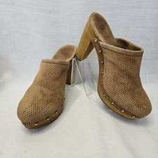 UGG Clogs Sz 7 Tan Perforated Suede Studded Wood Heel Mules 1004427 Boho Shoes