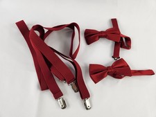Suspender and Matching Bow Tie Set Elastic Adjustable Burgundy Red Prom Dance