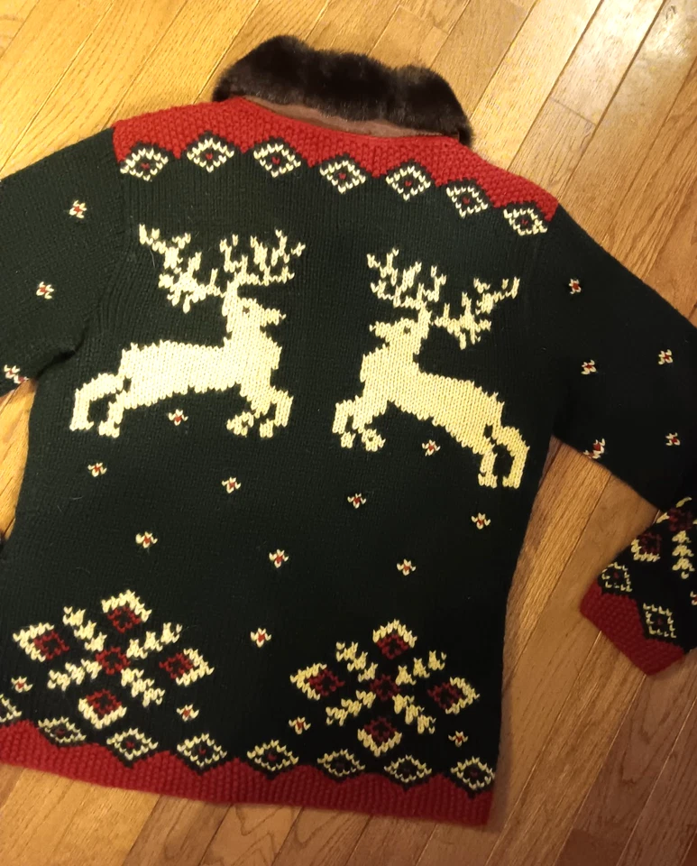 De Colección Ralph LAUREN Suéter Cárdigan Tejido a Mano Lana Verde Vacaciones Rojo Talla Pequeña Piel Foto 3 de 4