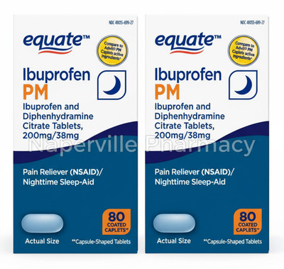2 Pack Equate Ibuprofen PM Ibuprofen and Diphenhydramine 200/38 mg 80 Cap Each
