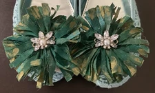 Green & Gold Tips Flower Shoe Clips Womens Removable Fabric 3.5” Bling Centers