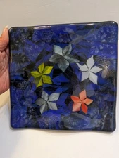 Artist Signed Blue With Florals Fused Art Glass Trinket Dish 6.5"x 6.5"
