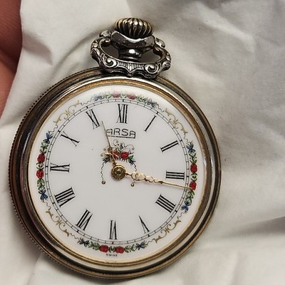 ARSA Damenuhr Taschenuhr Emaillierte Zifferblatt Blumen Schönheit Schmuck Silber