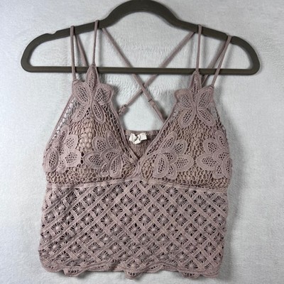 La Miel Womens Large Crochet Knit Cami Top Dusty Mauve Boho Crop Festival