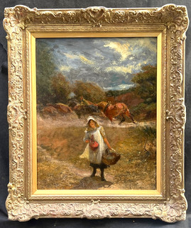 EDGAR BUNDY 1862 1922 RANCH GIRL & STRING OF HORSES SIGNED Antique OIL Painting
