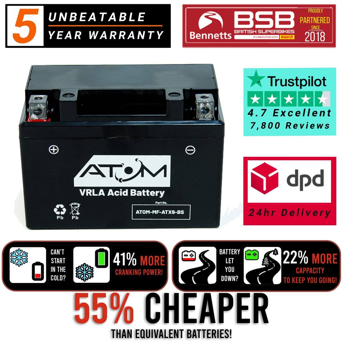 YTX9-BS Atom Maintenance Free Battery for Honda VFR 750 R RC30