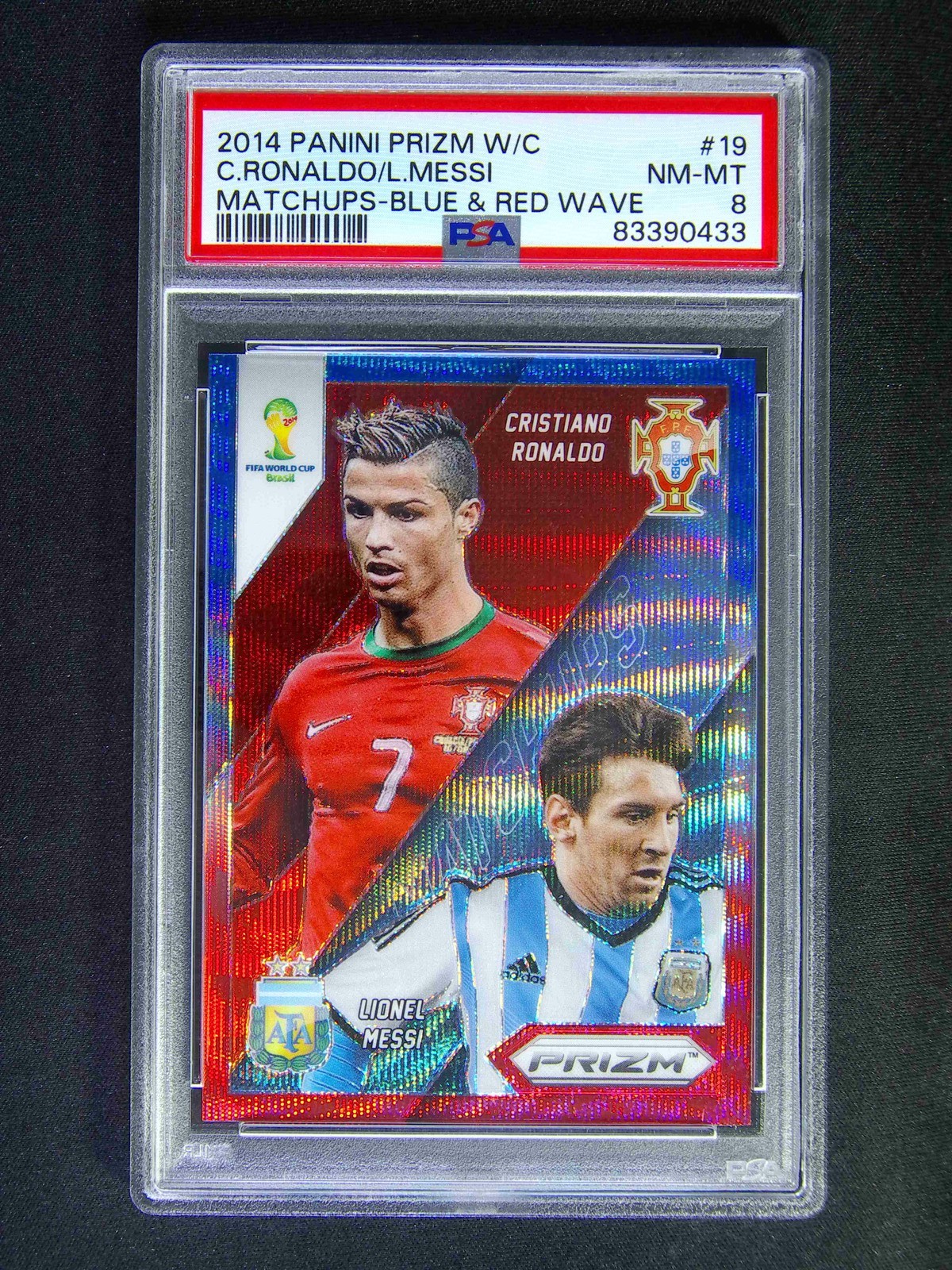 2014 Panini Prizm World Cup C. Ronaldo L.Messi #19 Matchups Blue Red Wave PSA 8 view 1