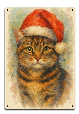 A5 Weihnachten Katze Blechschild - Aquarell Katze in Nikolausmütze - festliches Wandbild.